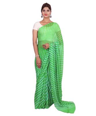 Green Laheria plain chiffon saree with blouse 1