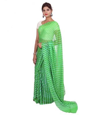 Green Laheria plain chiffon saree with blouse 2