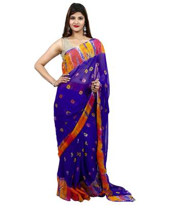 Royal Blue Colour plain chiffon saree with blouse 1