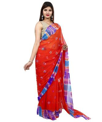 Orange Colour plain chiffon saree with blouse 3