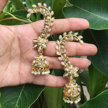 Gold Stone Studded Ear Cuff Jhumkas 4