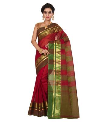 red plain Cotton saree 1