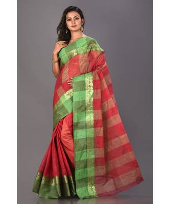red plain Cotton saree 1