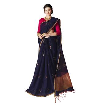 Navy blue woven cotton silk saree with blouse 1
