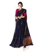 Navy blue woven cotton silk saree with blouse