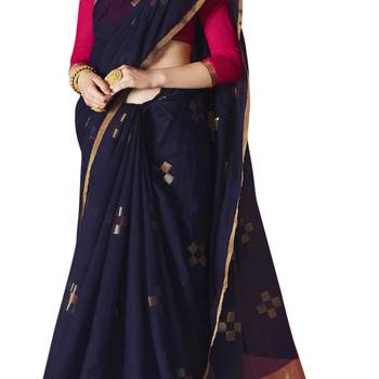Navy blue woven cotton silk saree with blouse 4
