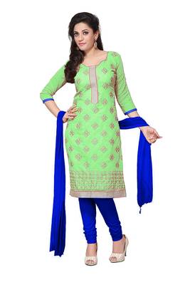Green Chanderi Cotton Embroidered Unstitched Dress Material 1