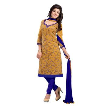 Mustard Chanderi Cotton Embroidered Unstitched Dress Material 1