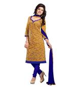 Mustard Chanderi Cotton Embroidered Unstitched Dress Material