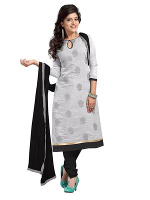 Grey Chanderi Cotton Embroidered Unstitched Dress Material 1