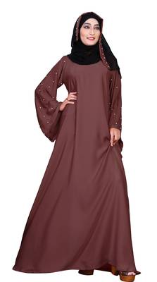 Justkartit Women'S Beads Work Casual Wear Nida Plain Abaya Burka With Hijab Scarf  1