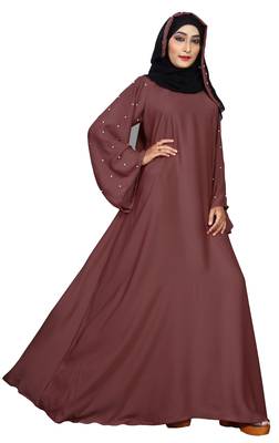 Justkartit Women'S Beads Work Casual Wear Nida Plain Abaya Burka With Hijab Scarf  4
