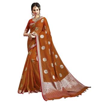 Rust woven cotton silk saree with blouse 1