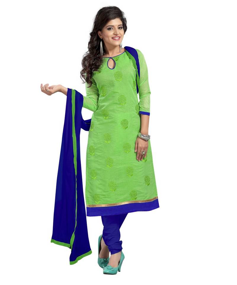 Green Chanderi Cotton Embroidered Unstitched Dress Material