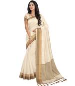 Off white printed tussar silk saree with blouse