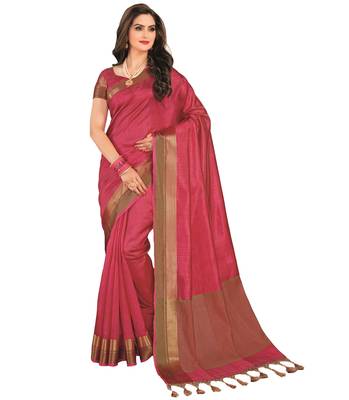 Pink printed tussar silk saree with blouse 1