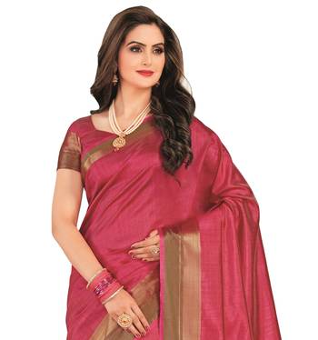 Pink printed tussar silk saree with blouse 2
