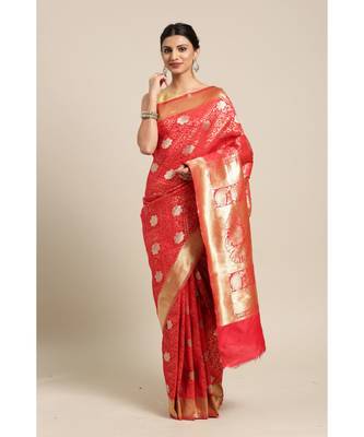 Red printed Silk blend saree with blouse 1