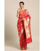 Red printed Silk blend saree with blouse