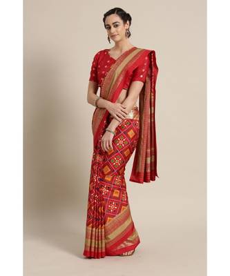 Red printed Silk blend saree with blouse 1