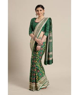 Green printed Silk blend saree with blouse 1