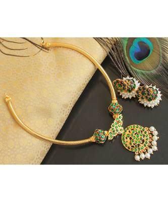 Beautiful Green Pearl Designer Temple Necklace Set 1