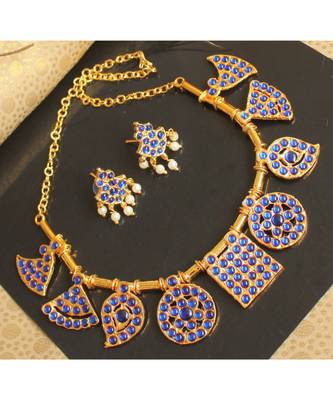 Beautiful Blue Designer Temple Saradu Attigai Necklace Set 1