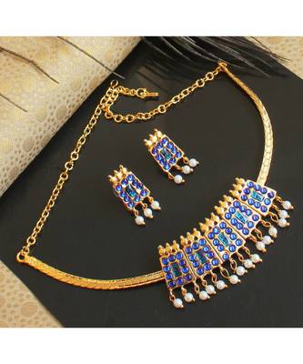 Beautiful Blue Poothali Pearl Designer Temple Necklace Set 1
