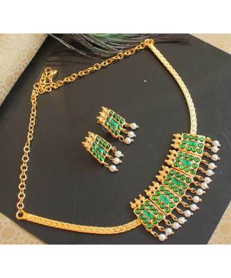 Beautiful Green Poothali Pearl Designer Temple Necklace Set 1