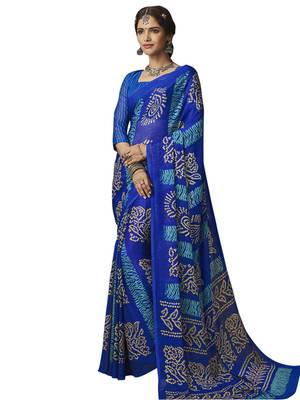 Blue Printed Chiffon Saree With Blouse 1