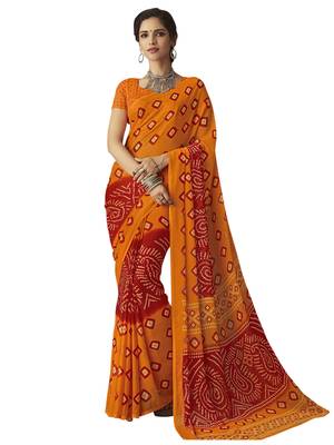 Yellow printed chiffon saree with blouse 1
