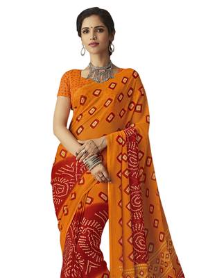 Yellow printed chiffon saree with blouse 2