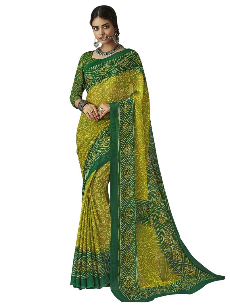 Green printed chiffon saree with blouse