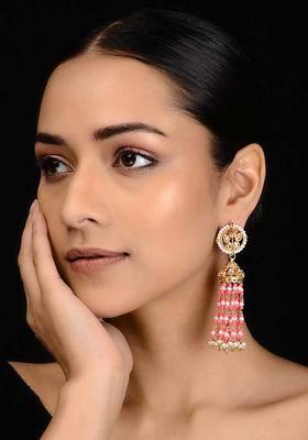 Pink Gold Tone Kundan Inspired Jhumkis
 1