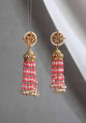 Pink Gold Tone Kundan Inspired Jhumkis
 2