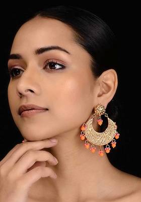 Pink-Orange Jadau And Pearl Chandbali Earrings
 1