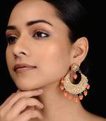 Pink-Orange Jadau And Pearl Chandbali Earrings
