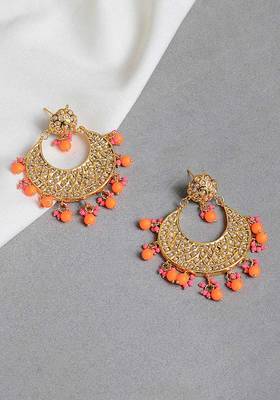 Pink-Orange Jadau And Pearl Chandbali Earrings
 2
