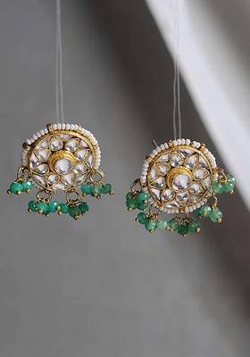 Green Gold Tone Polki And Jade Stud Earrings
 2