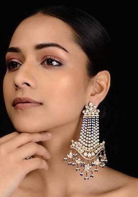 Blue-White Gold Tone Kundan Inspired Pearl Earrings
 1