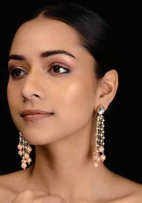 Pink-White Gold Tone Kundan Inspired Tassel Earrings
 1