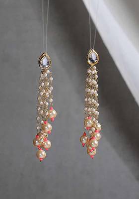 Pink-White Gold Tone Kundan Inspired Tassel Earrings
 2