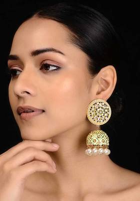 Green Gold Tone Kundan Inspired Meenakari Jhumkis
 1