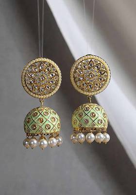 Green Gold Tone Kundan Inspired Meenakari Jhumkis
 2