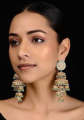 Turquoise Gold Tone Kundan Inspired Jhumkis
 1
