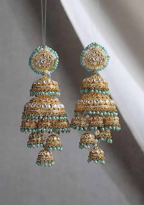 Turquoise Gold Tone Kundan Inspired Jhumkis
 2