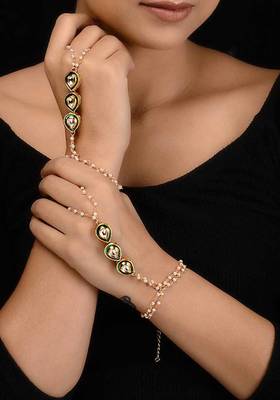 Green Gold Tone Kundan Inspired Pearl Haathphool
 1
