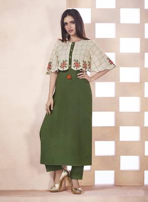 Olive Embroidered Cotton Poly Cotton Kurtis 1