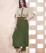 Olive Embroidered Cotton Poly Cotton Kurtis
