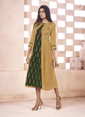 Dark Green Printed Cotton Poly Cotton Kurtis 1